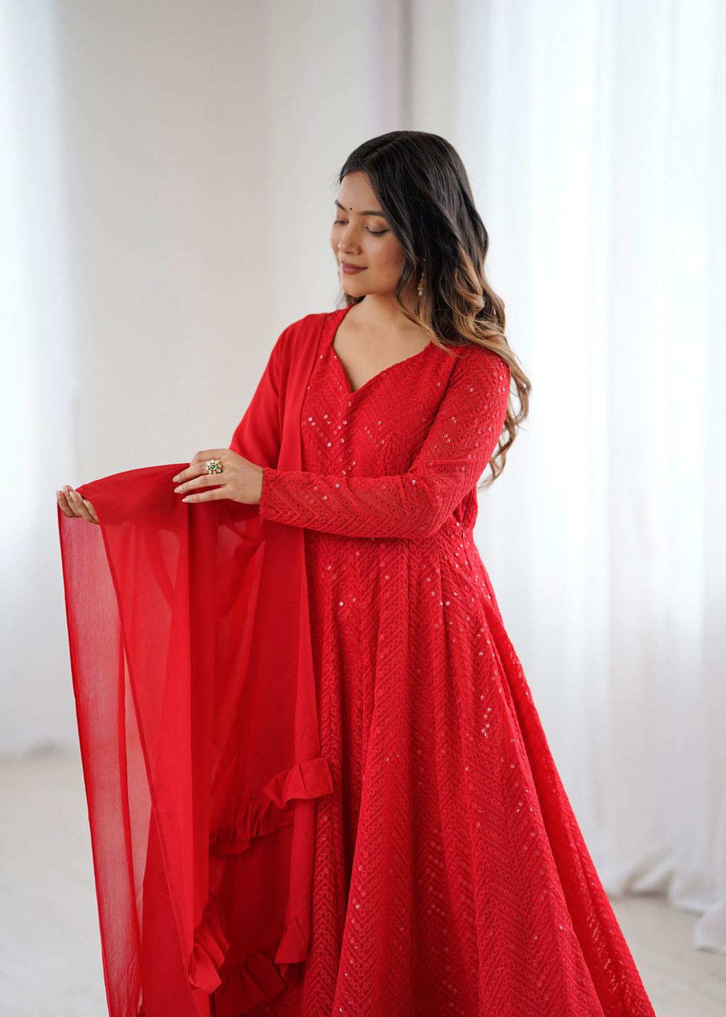 Evanik Red Heavy Faux Georgette With Lucknowi Work Anarkali Suit - Distacart