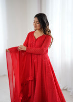 Evanik Red Heavy Faux Georgette With Lucknowi Work Anarkali Suit - Distacart