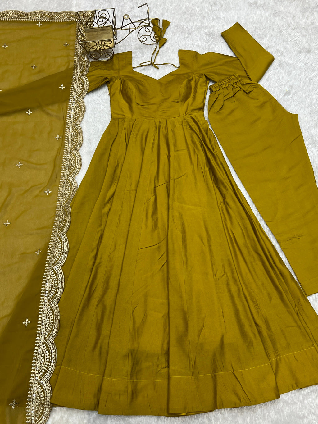 Lorenvalley Fashion Yellow Pure Roman Silk Chanderi Fabric Fully Flared Anarkali Pant With Dupatta Set - Yellow