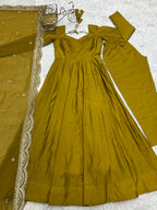 Lorenvalley Fashion Yellow Pure Roman Silk Chanderi Fabric Fully Flared Anarkali Pant With Dupatta Set - Yellow