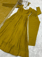 Lorenvalley Fashion Yellow Pure Roman Silk Chanderi Fabric Fully Flared Anarkali Pant With Dupatta Set - Yellow