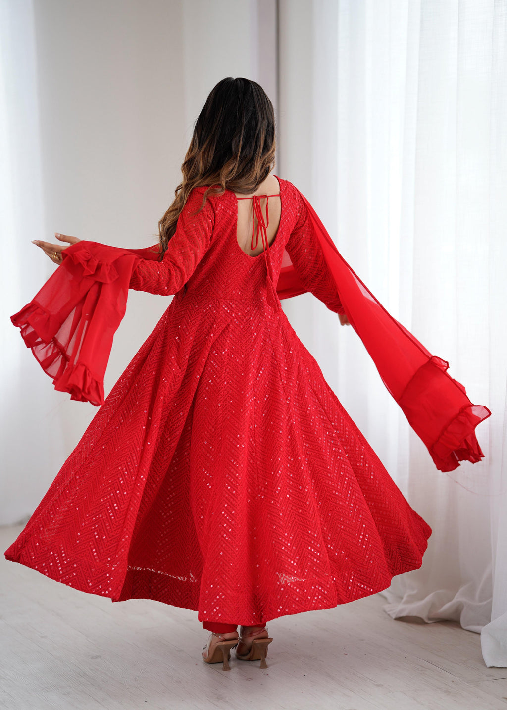 Evanik Red Heavy Faux Georgette With Lucknowi Work Anarkali Suit - Distacart