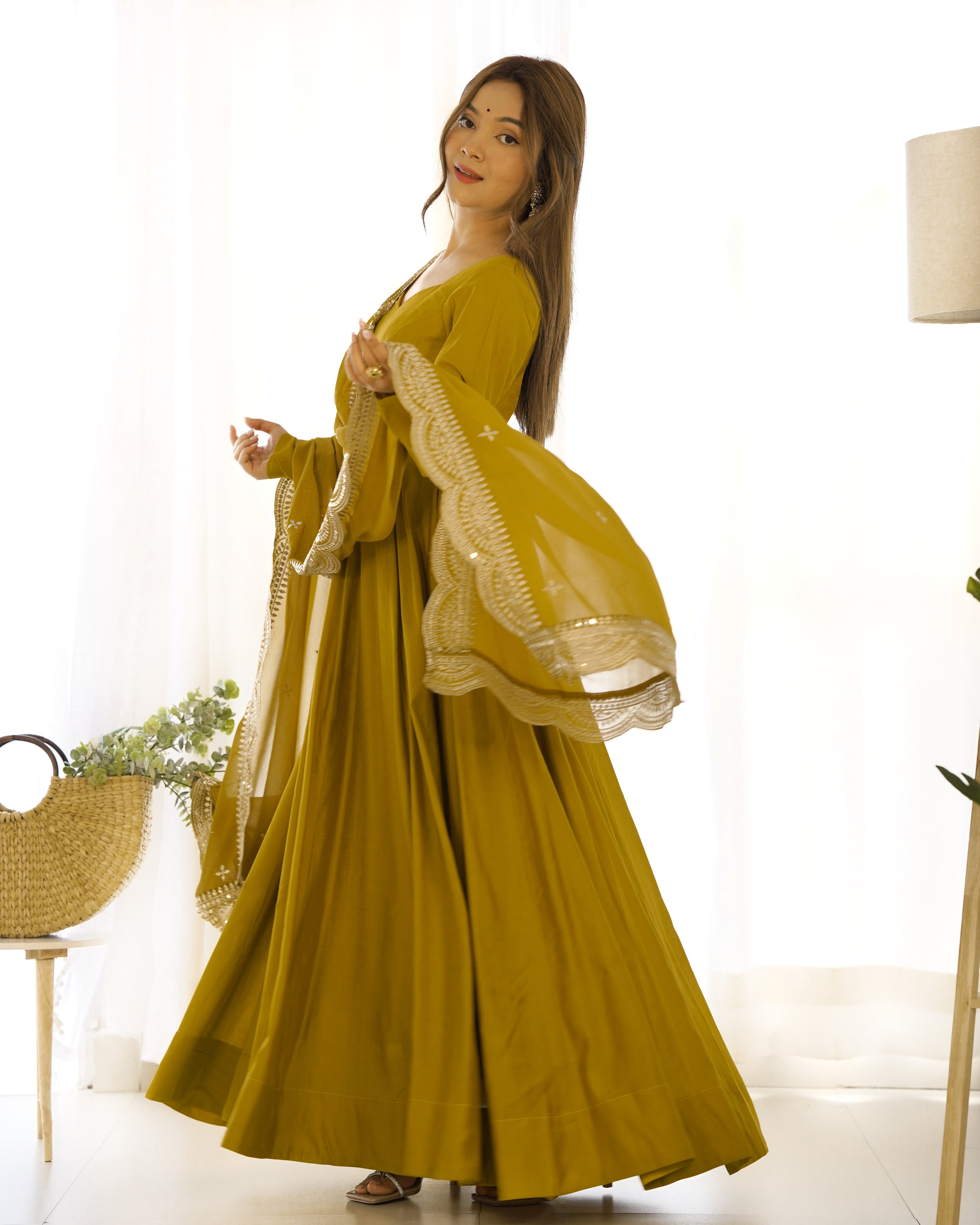 Lorenvalley Fashion Yellow Pure Roman Silk Chanderi Fabric Fully Flared Anarkali Pant With Dupatta Set - Yellow