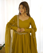 Lorenvalley Fashion Yellow Pure Roman Silk Chanderi Fabric Fully Flared Anarkali Pant With Dupatta Set - Yellow