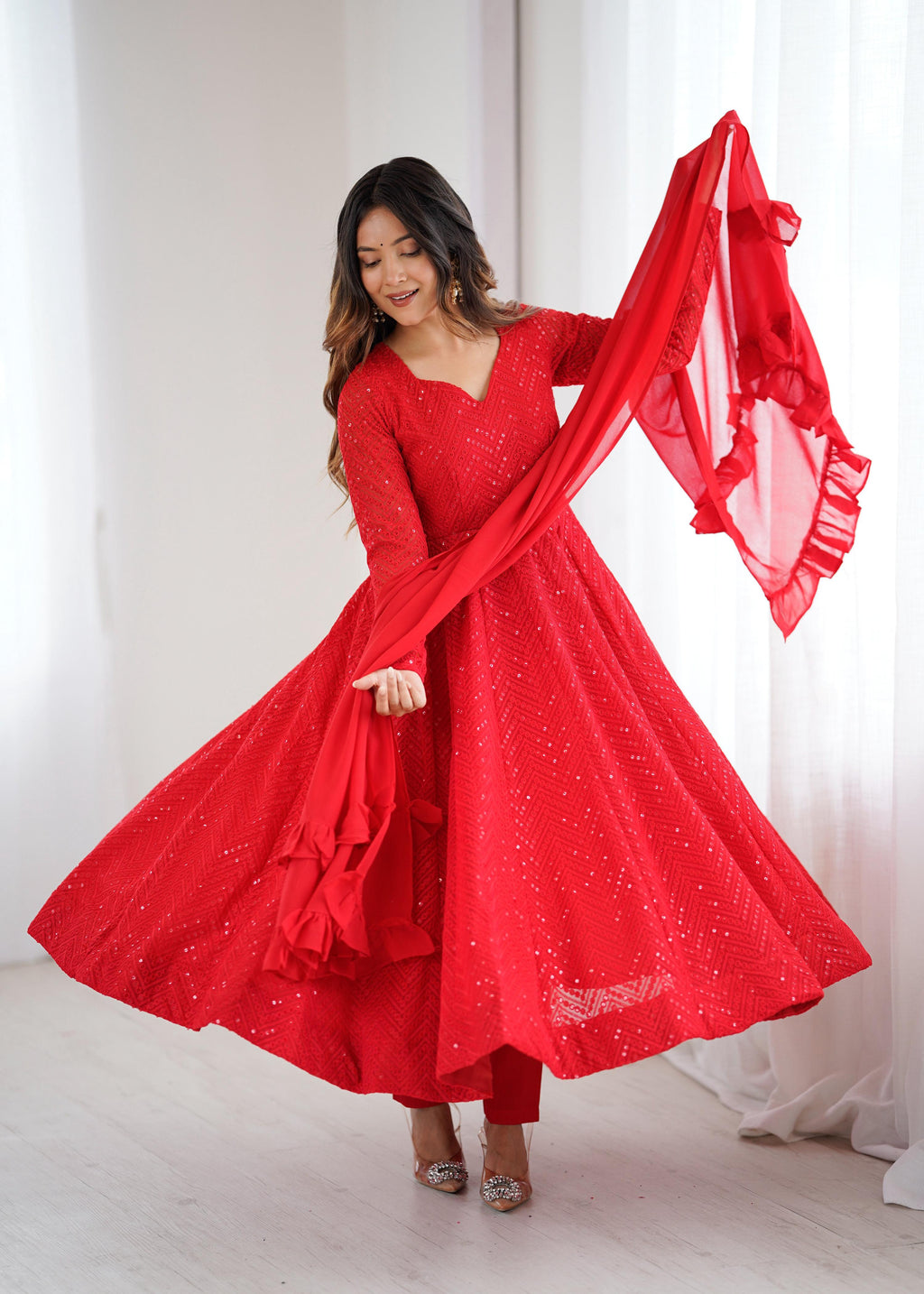 Evanik Red Heavy Faux Georgette With Lucknowi Work Anarkali Suit - Distacart