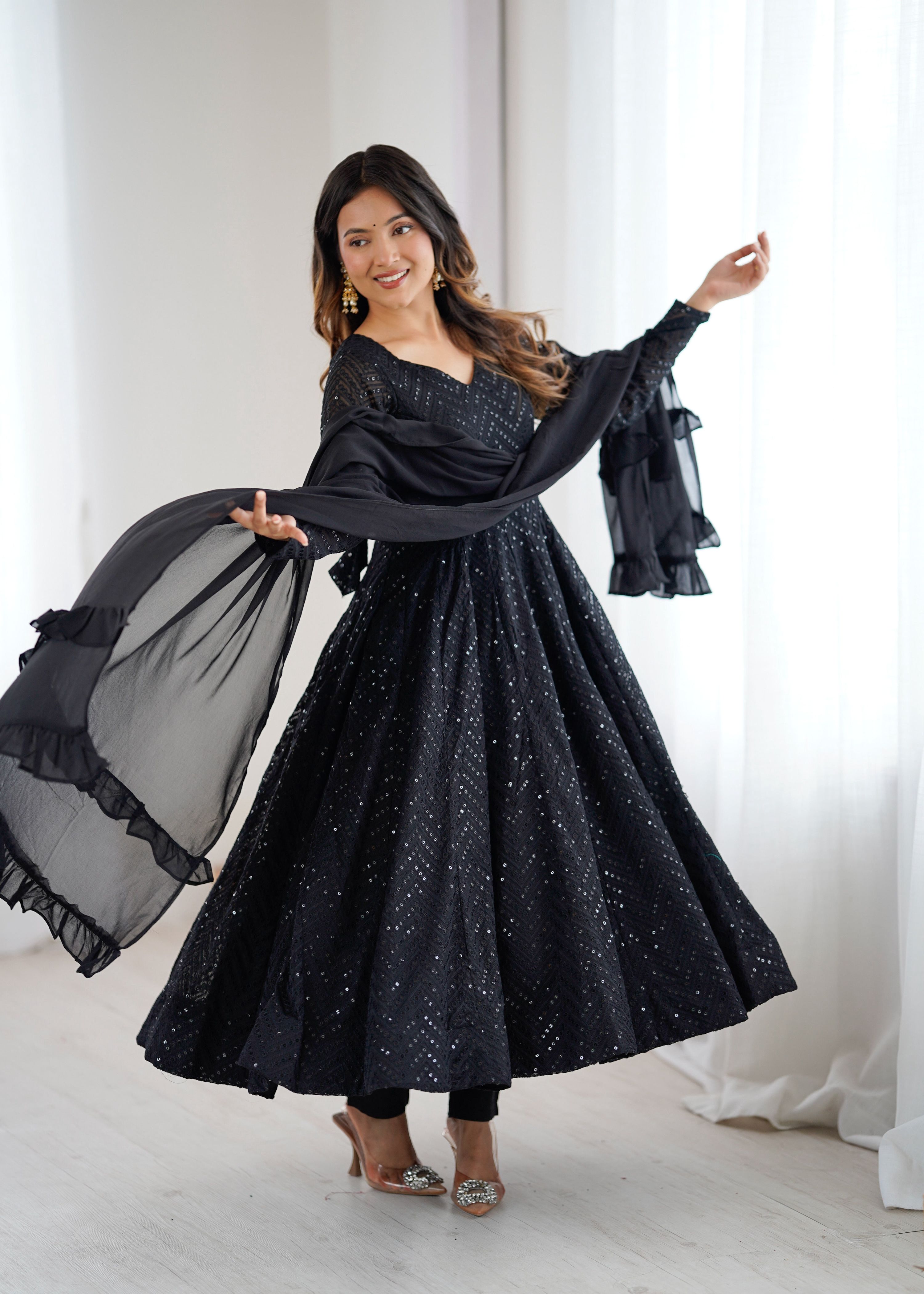 Evanik Black Heavy Faux Georgette With Lucknowi Work Anarkali Suit - Distacart