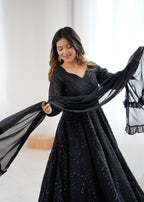 Evanik Black Heavy Faux Georgette With Lucknowi Work Anarkali Suit - Distacart