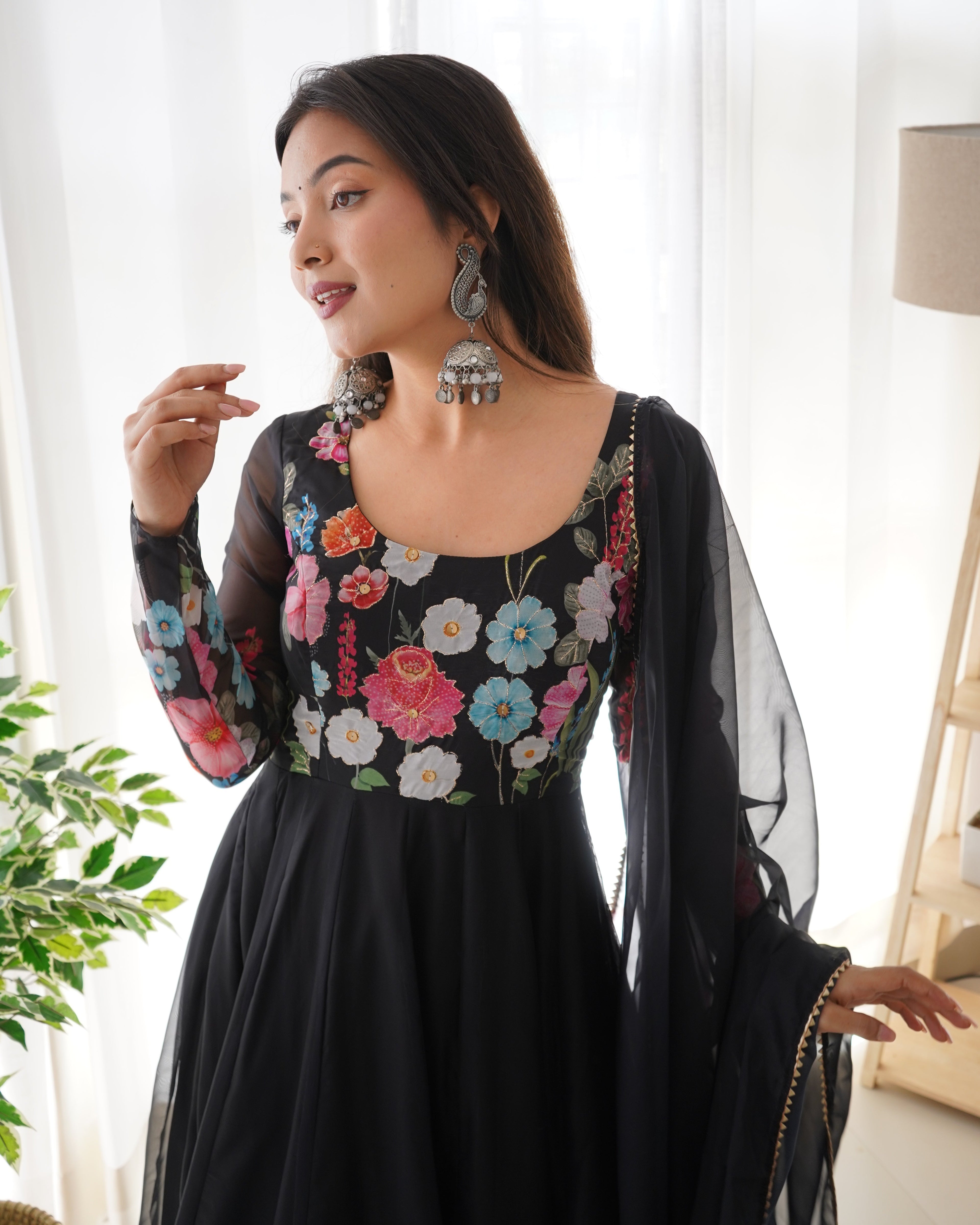 Lorenvalley Fashion Black Soft Organza Silk With Floral Print Fully Flared Anarkali Pant With Dupatta Set - Black