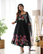 Lorenvalley Fashion Black Soft Organza Silk With Floral Print Fully Flared Anarkali Pant With Dupatta Set - Black