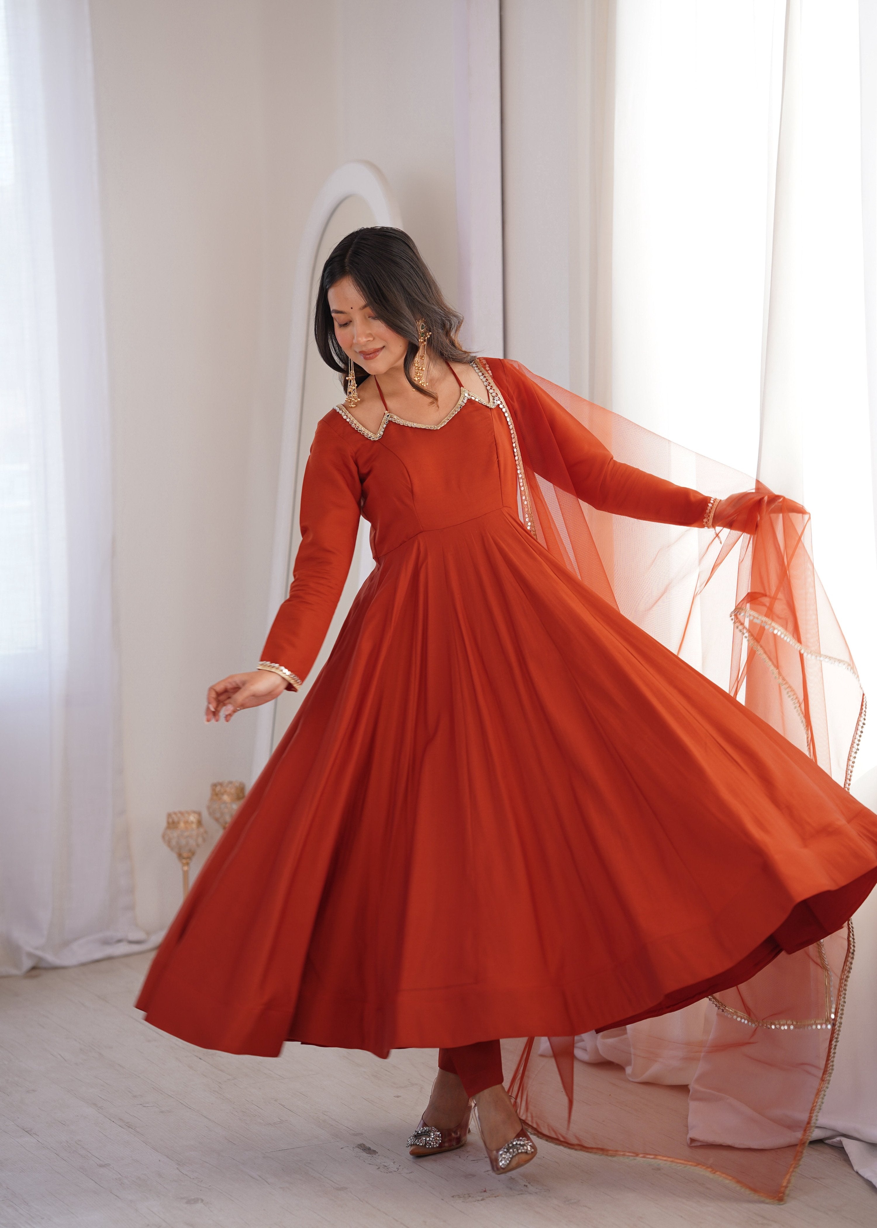 Evanik Women Rust Ethnic Anarkali Kurta Set for Festive & Wedding Wear - Distacart