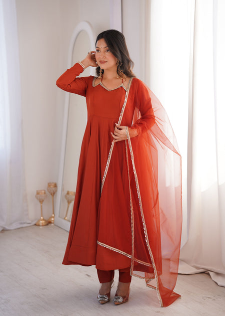 Evanik Women Rust Ethnic Anarkali Kurta Set for Festive & Wedding Wear