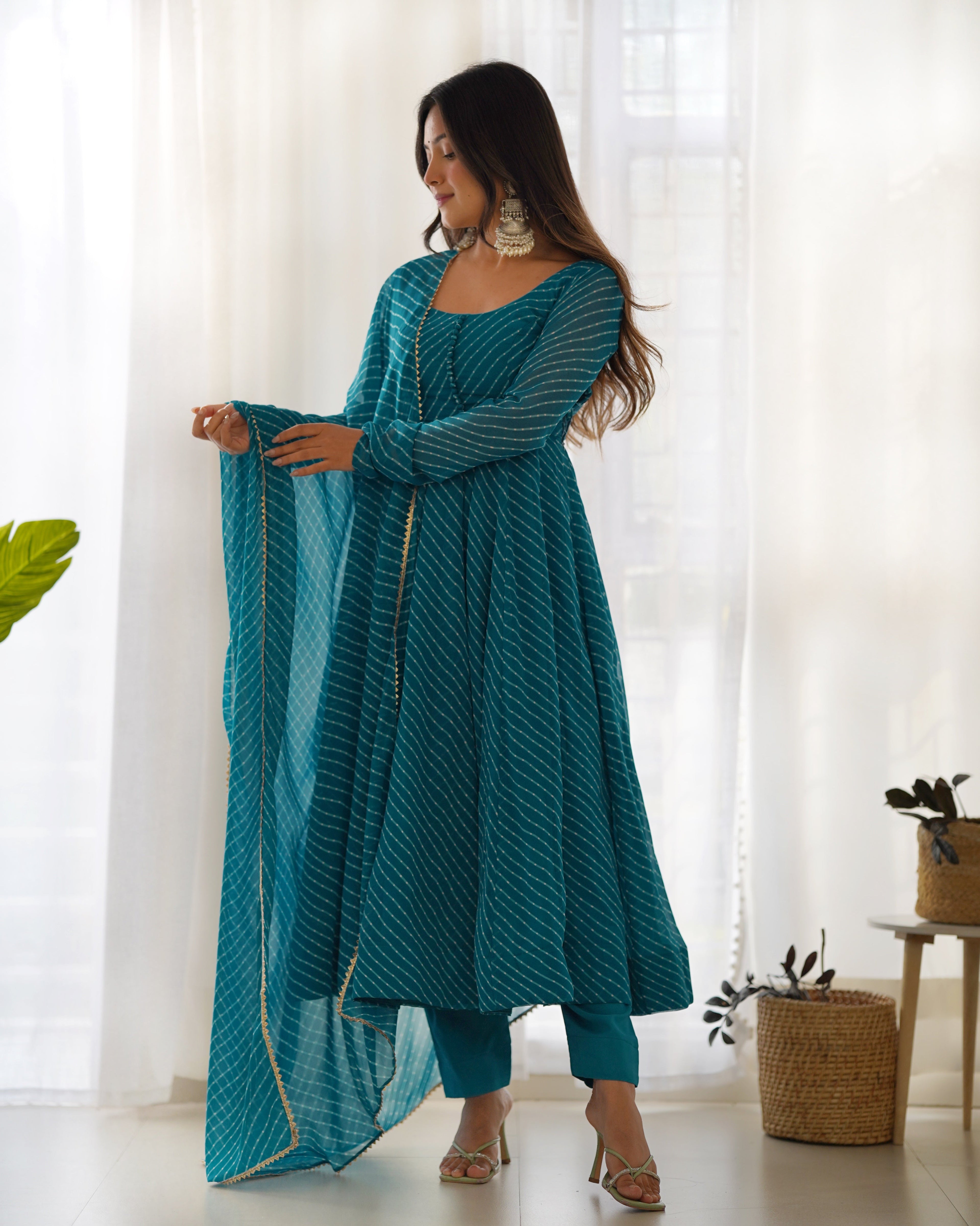 Lorenvalley Fashion Women Pure Soft Faux Georgette Laheriya Print Fully Flair Anarkali Kurta Pant With Dupatta Set - Rama