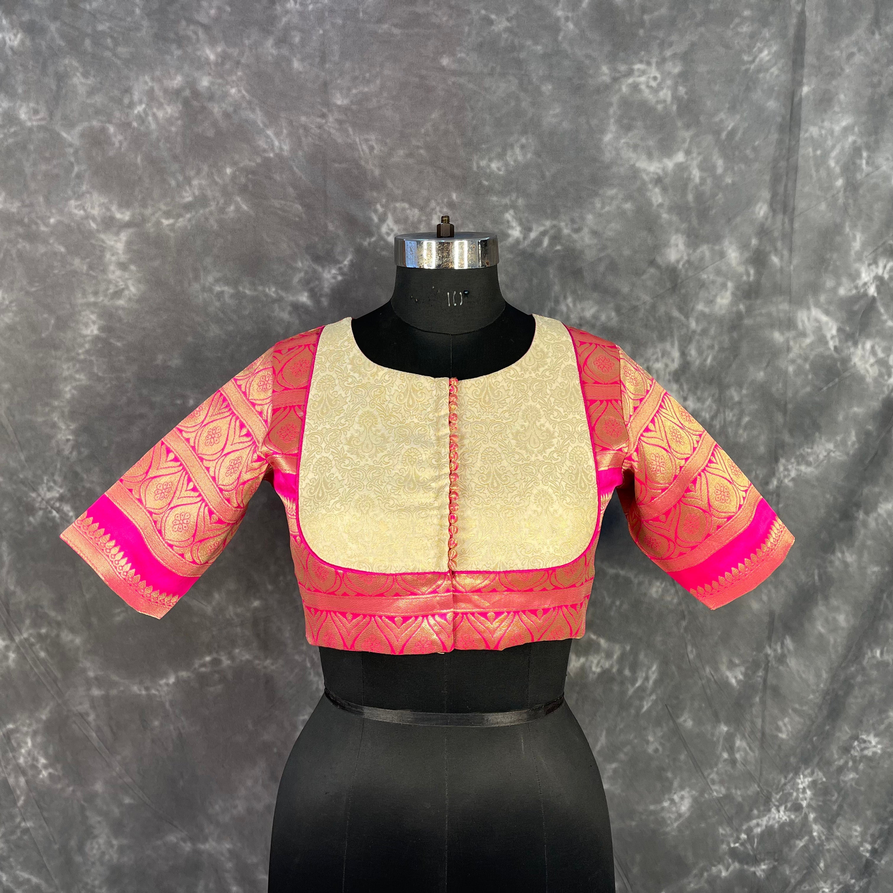 Icy Cool Pink Coloured Broket Silk Ready to Wear Blouse - kapda Tailor