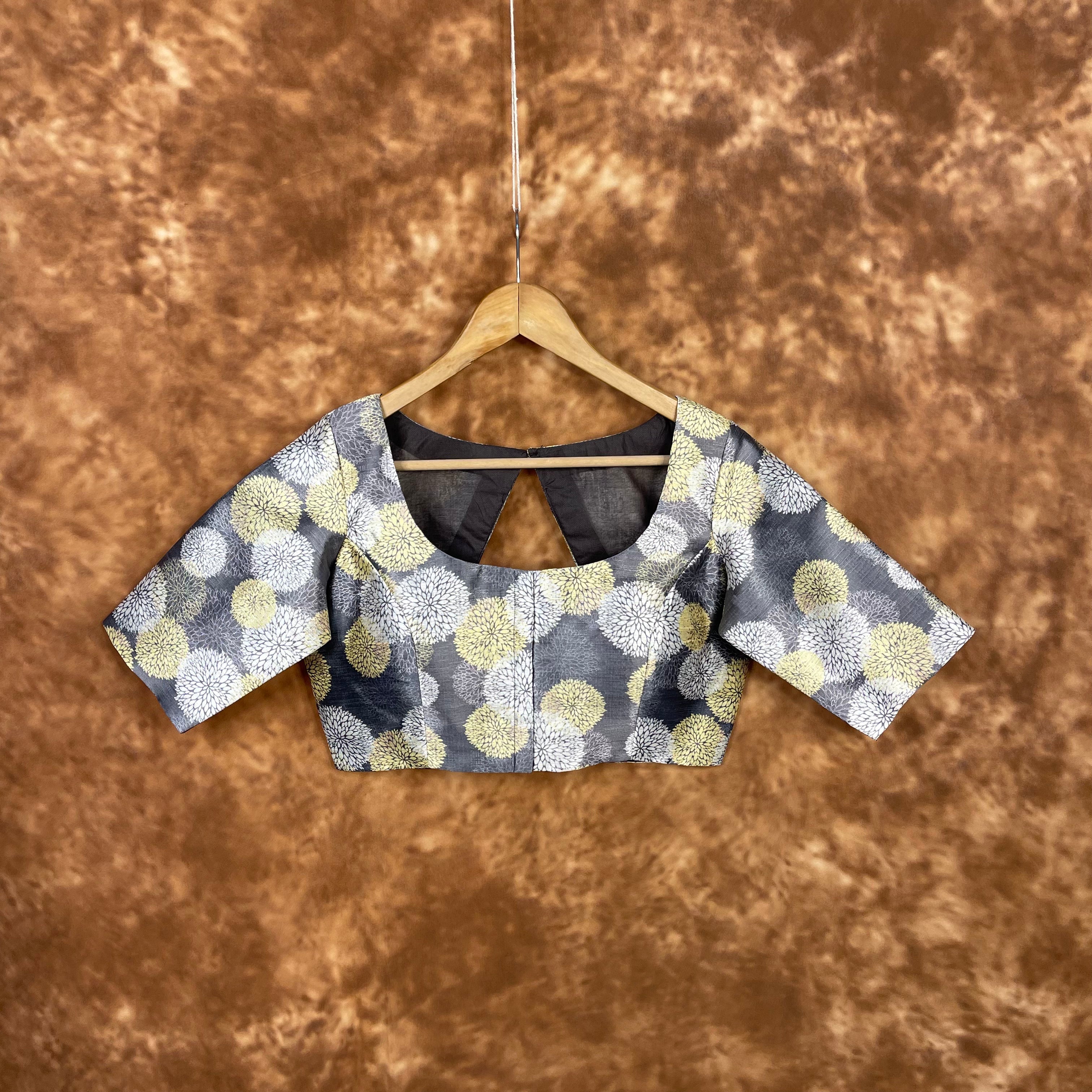 Multi Print Facade Ash Grey Coloured Silk Ready to Wear Blouse - kapda Tailor