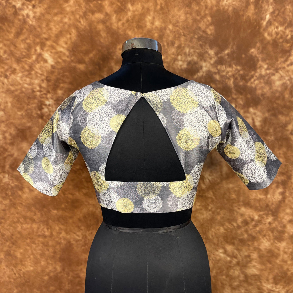 Multi Print Facade Ash Grey Coloured Silk Ready to Wear Blouse - kapda Tailor