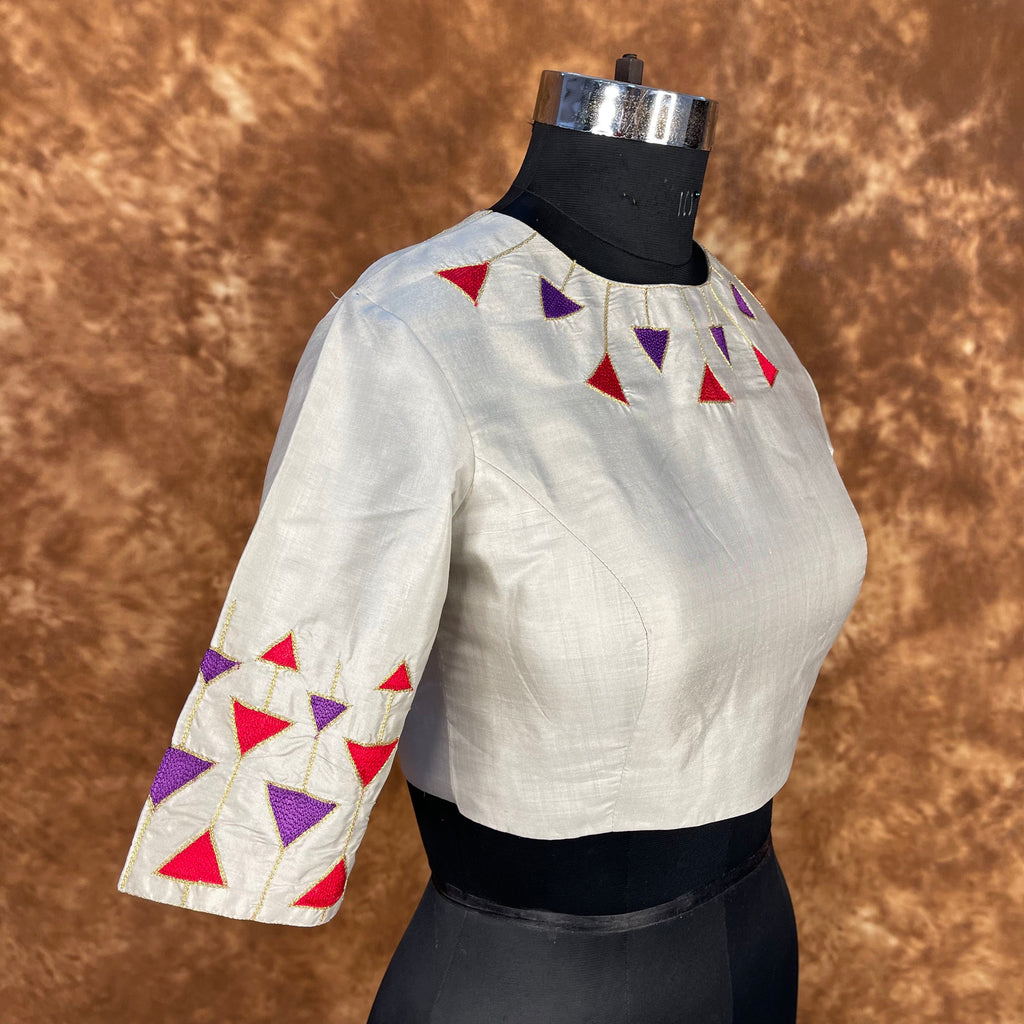 Silk Triangle Cream Coloured Silk Ready to Wear Blouse - kapda Tailor
