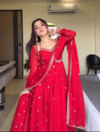 Yash Enterprise Red Havy Foux Goargate Party Wear Ebroidery Suit Set - Distacart