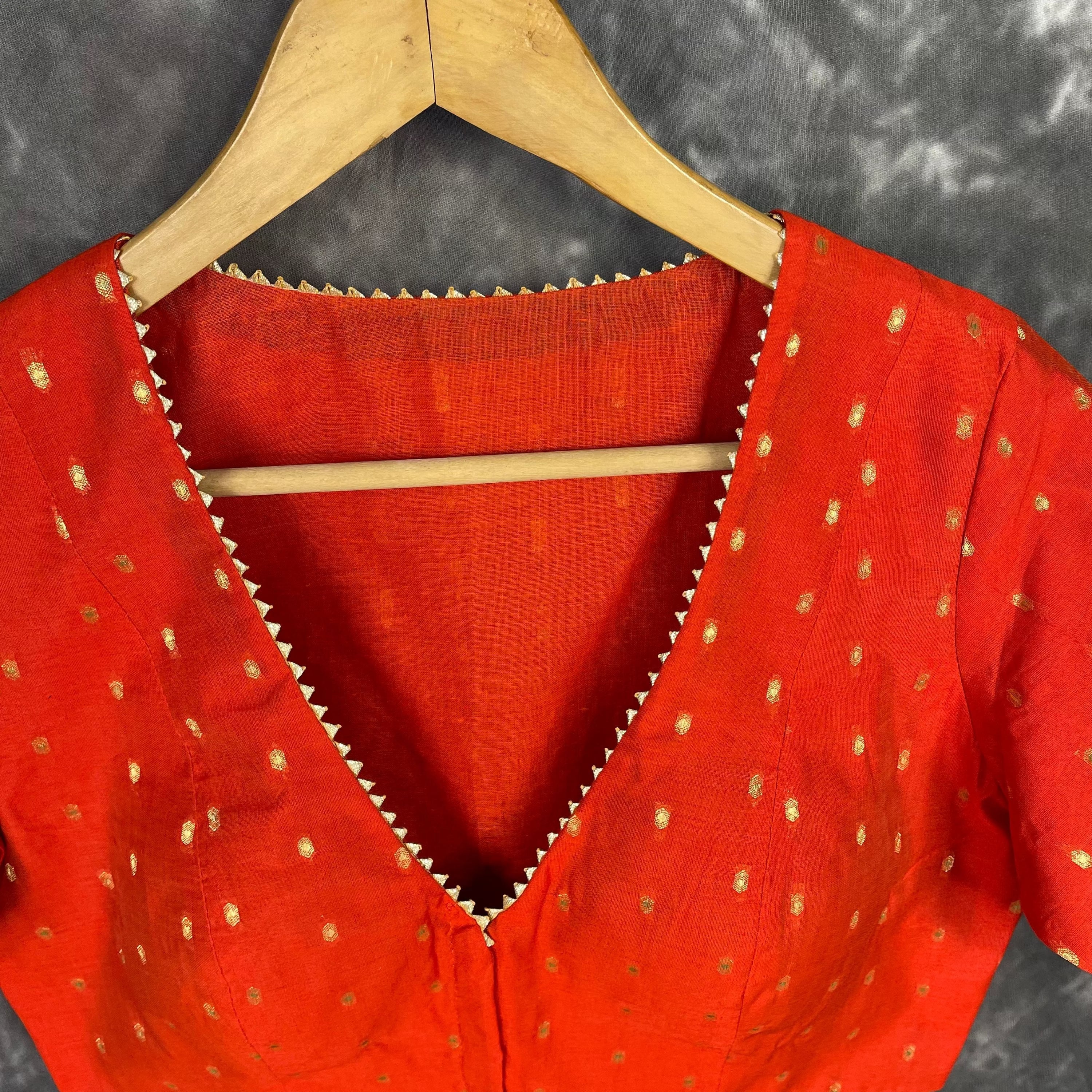 Rakhtbeej Medium Burnt Orange Coloured Chanderi with Gold Butta Weaving Ready to Wear Blouse - kapda Tailor