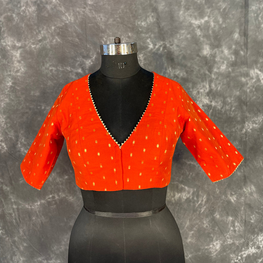 Rakhtbeej Medium Burnt Orange Coloured Chanderi with Gold Butta Weaving Ready to Wear Blouse - kapda Tailor