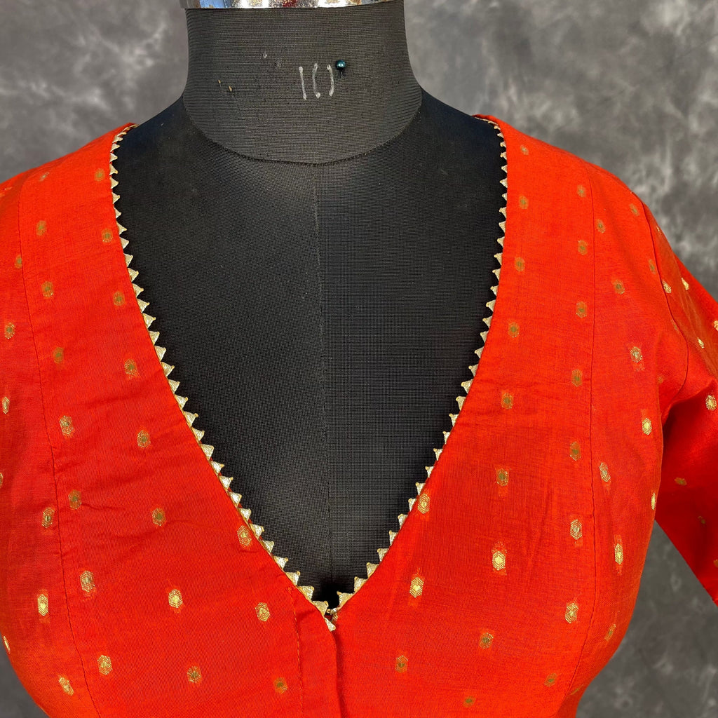 Rakhtbeej Medium Burnt Orange Coloured Chanderi with Gold Butta Weaving Ready to Wear Blouse - kapda Tailor