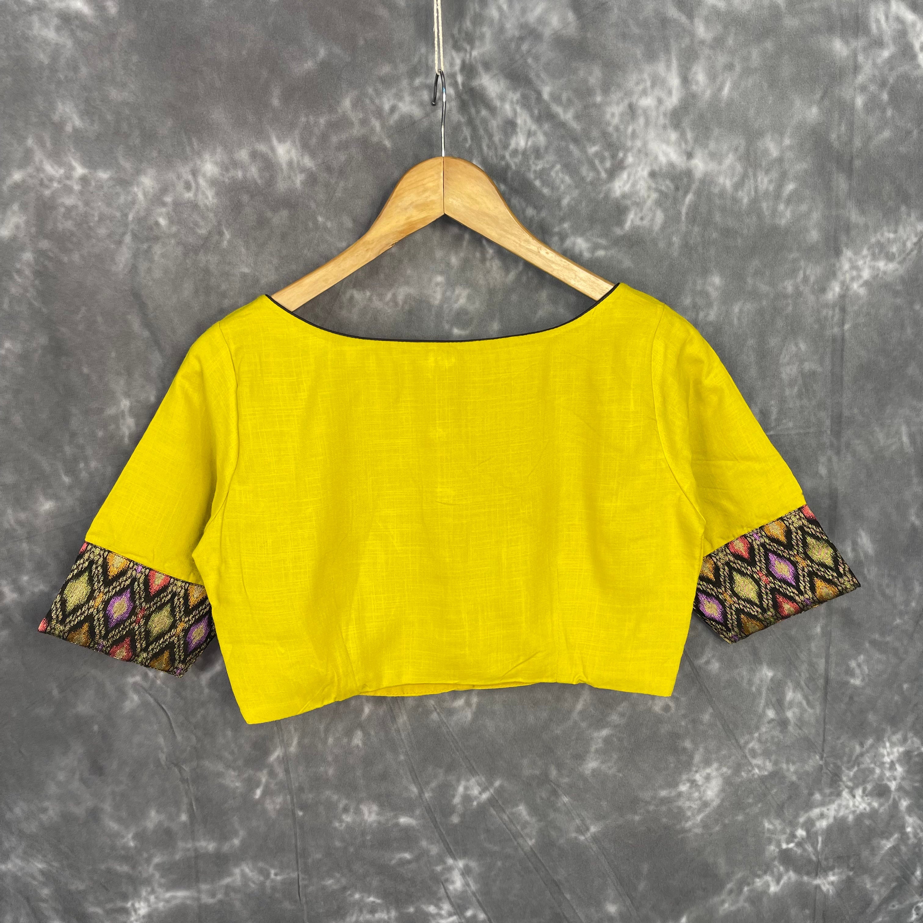 Kachha Nimboo Lemon Yellow Coloured Cotton /Jackard Ready to Wear Blouse - kapda Tailor
