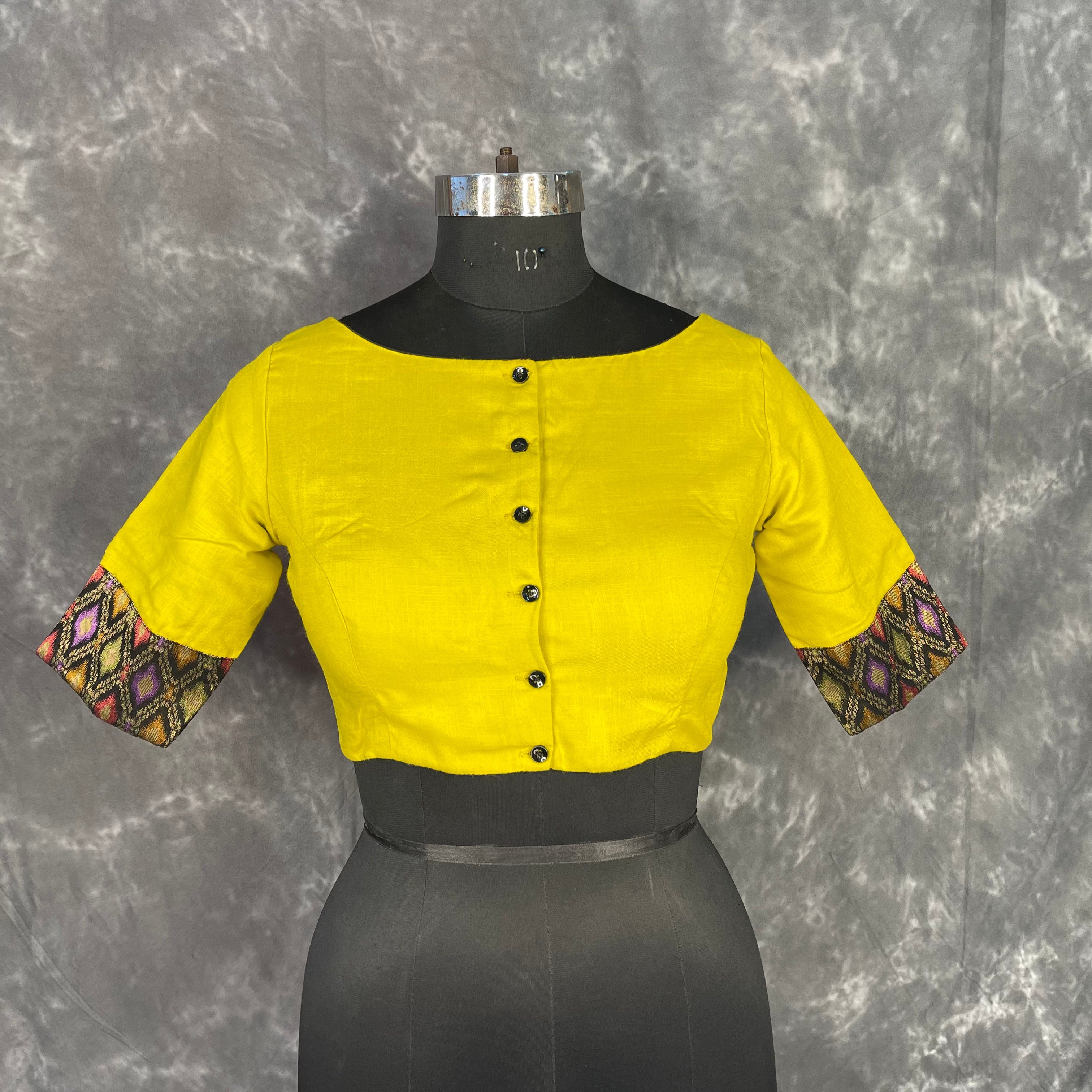 Kachha Nimboo Lemon Yellow Coloured Cotton /Jackard Ready to Wear Blouse - kapda Tailor
