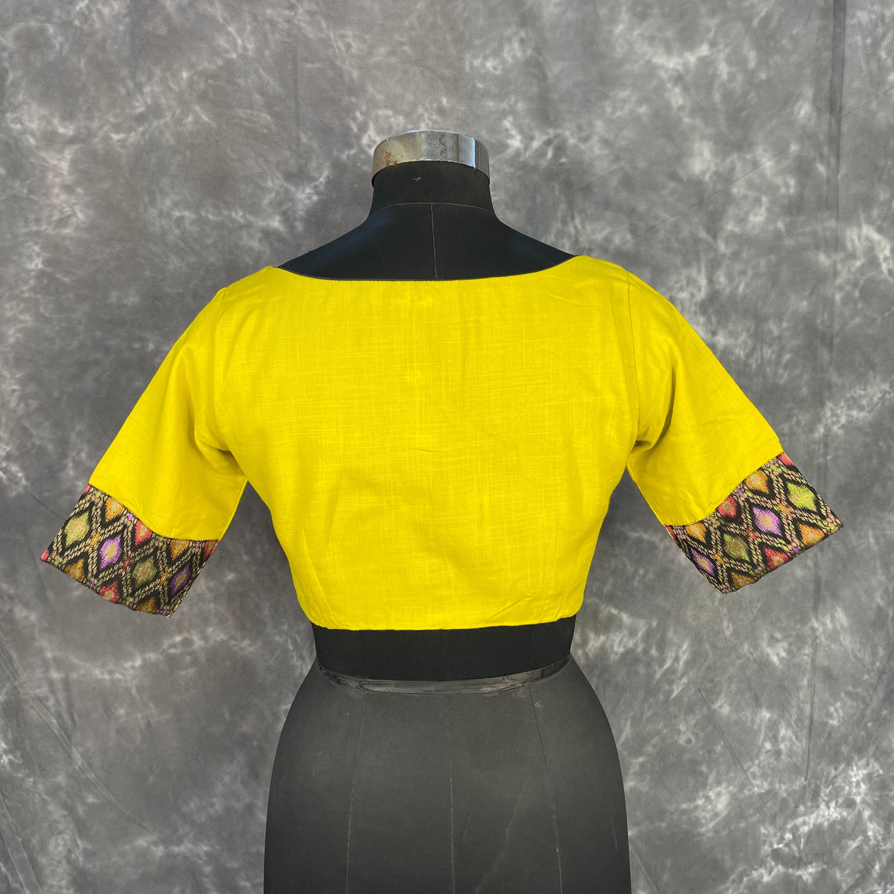 Kachha Nimboo Lemon Yellow Coloured Cotton /Jackard Ready to Wear Blouse - kapda Tailor