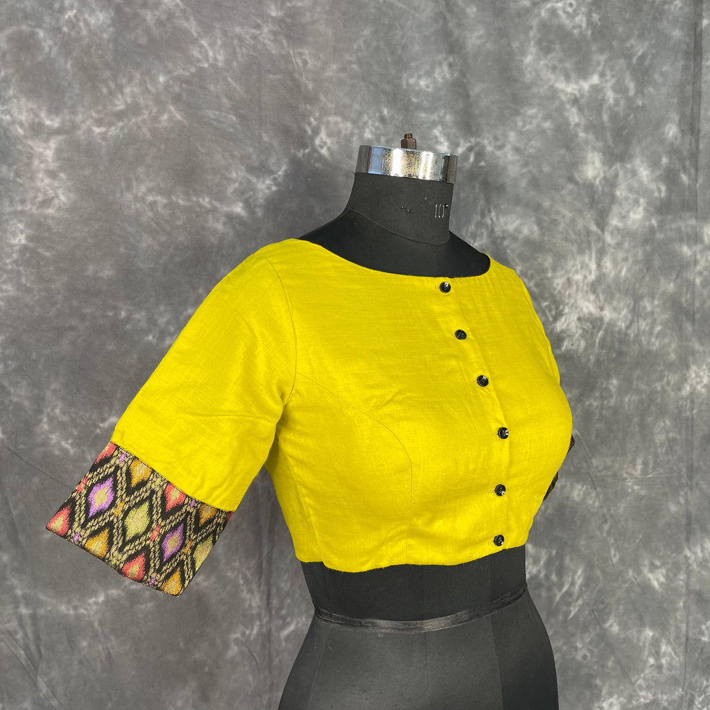Kachha Nimboo Lemon Yellow Coloured Cotton /Jackard Ready to Wear Blouse - kapda Tailor