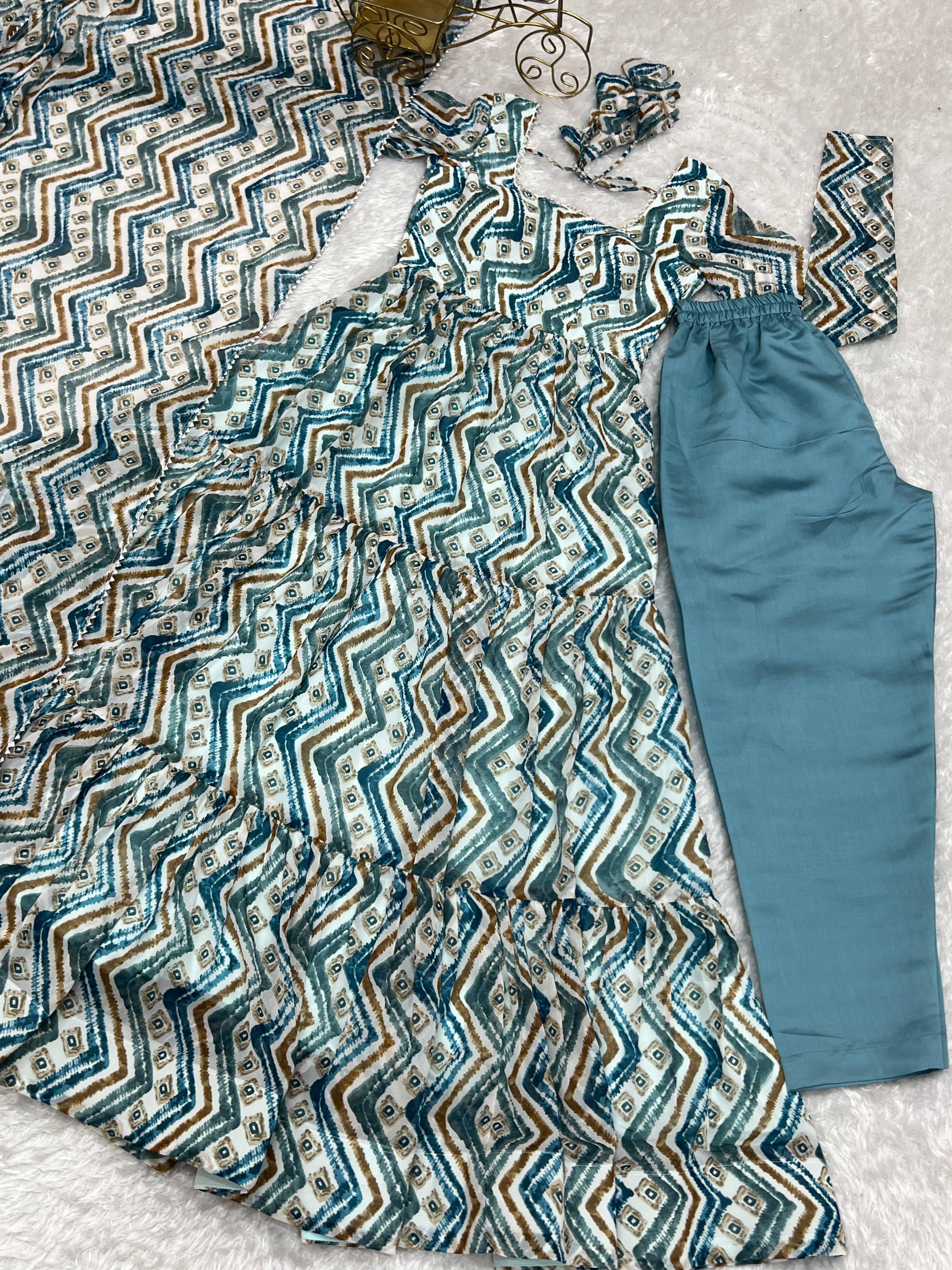 Lorenvalley Fashion Skyblue Pure Faux Georgette Zigzag Print Fully Flair Anarkali Pant With Dupatta - Skyblue