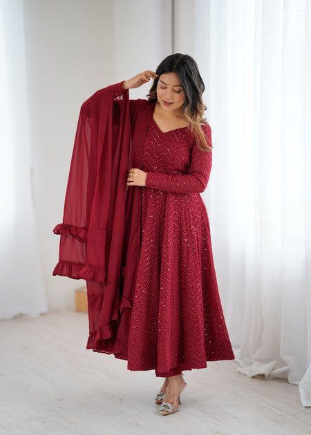 Evanik Maroon Heavy Faux Georgette With Lucknowi Work Anarkali Suit