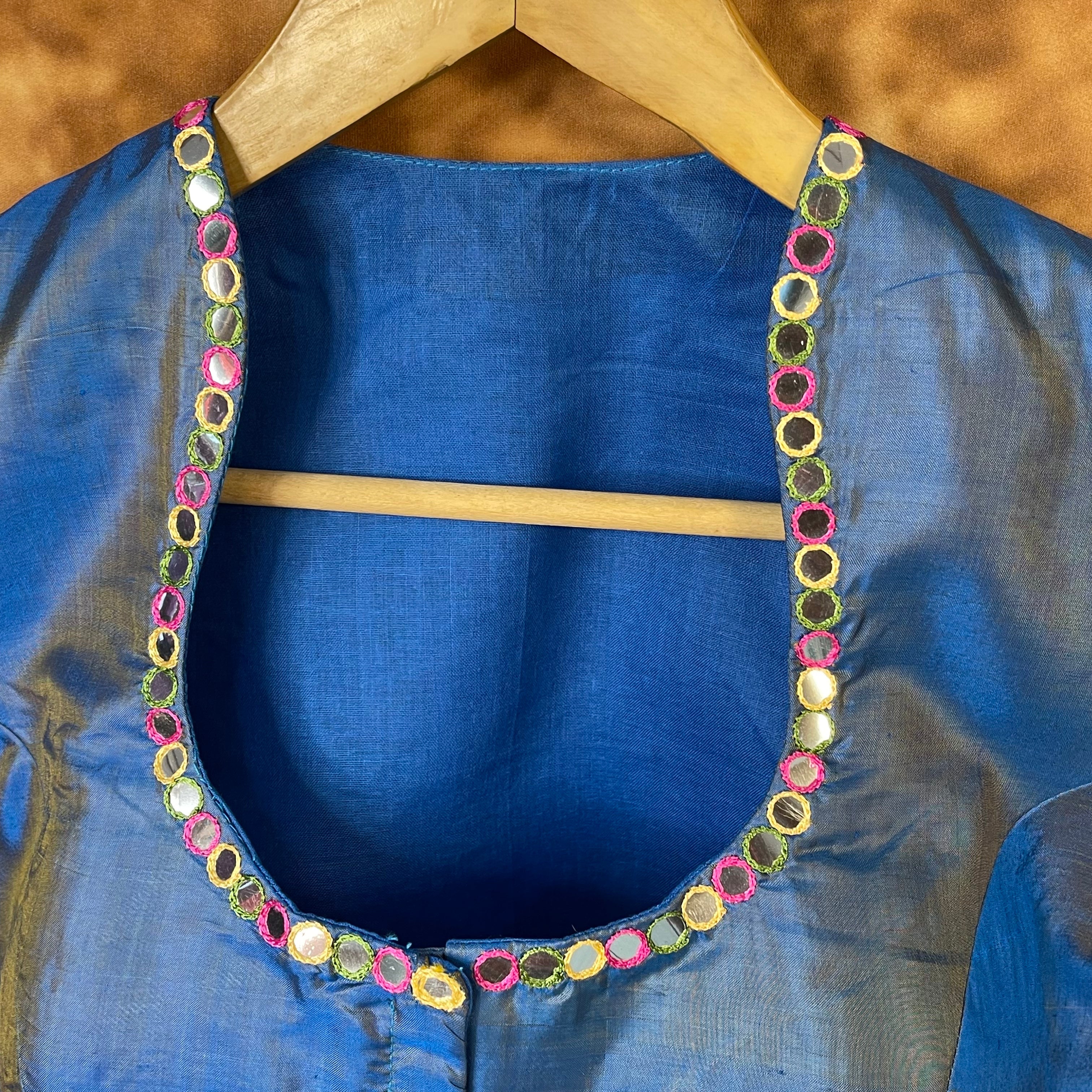 Aurelia Blue Blue Coloured Silk Ready to Wear Blouse - kapda Tailor