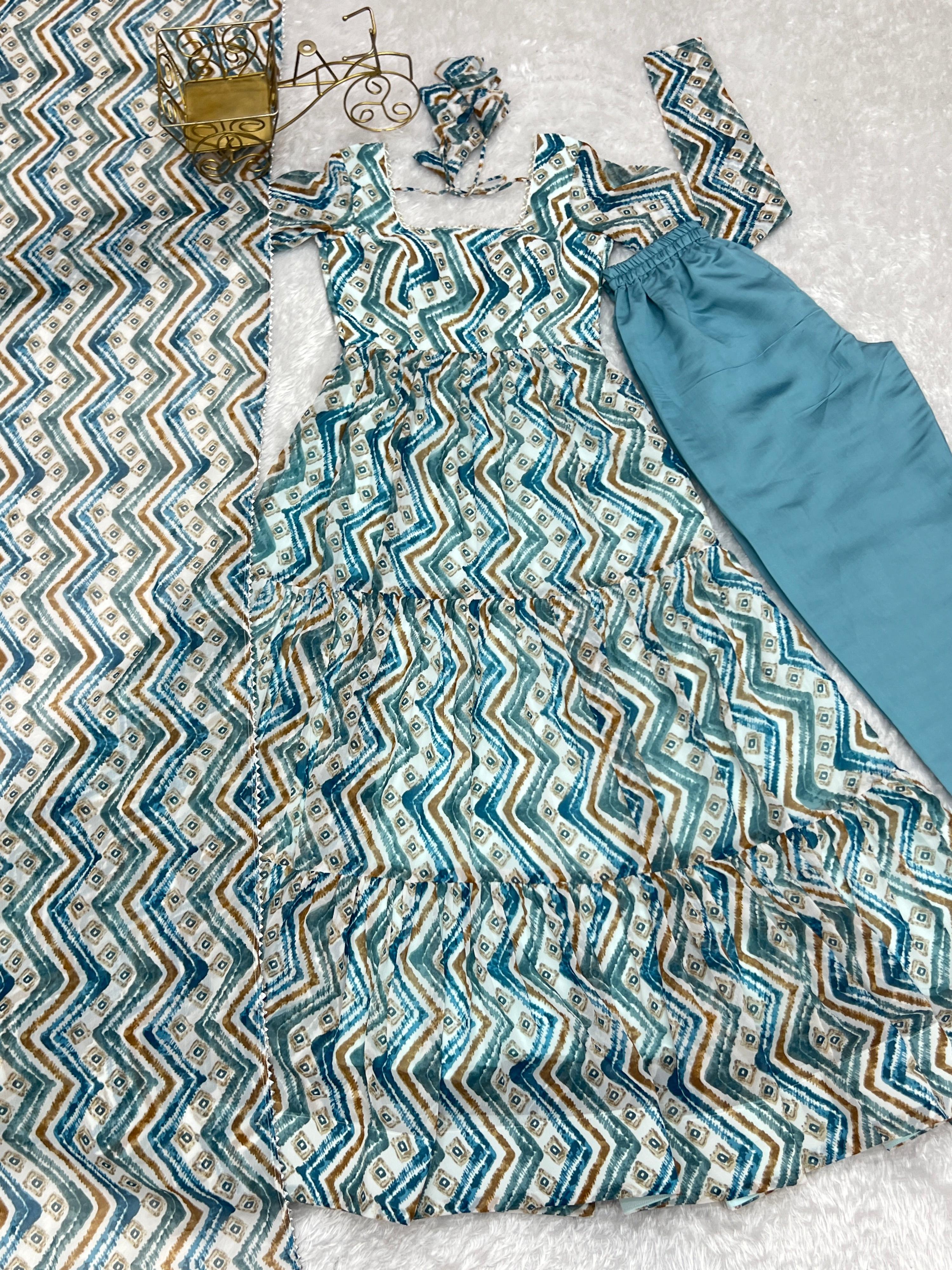 Lorenvalley Fashion Skyblue Pure Faux Georgette Zigzag Print Fully Flair Anarkali Pant With Dupatta - Skyblue