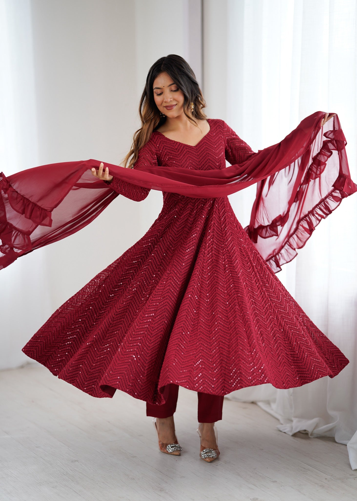 Evanik Maroon Heavy Faux Georgette With Lucknowi Work Anarkali Suit - Distacart