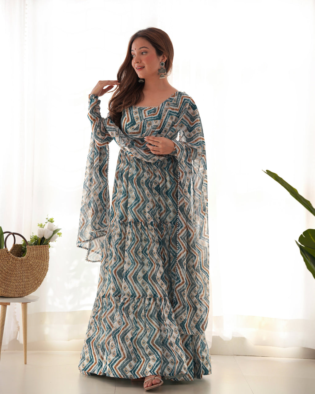 Lorenvalley Fashion Skyblue Pure Faux Georgette Zigzag Print Fully Flair Anarkali Pant With Dupatta - Skyblue