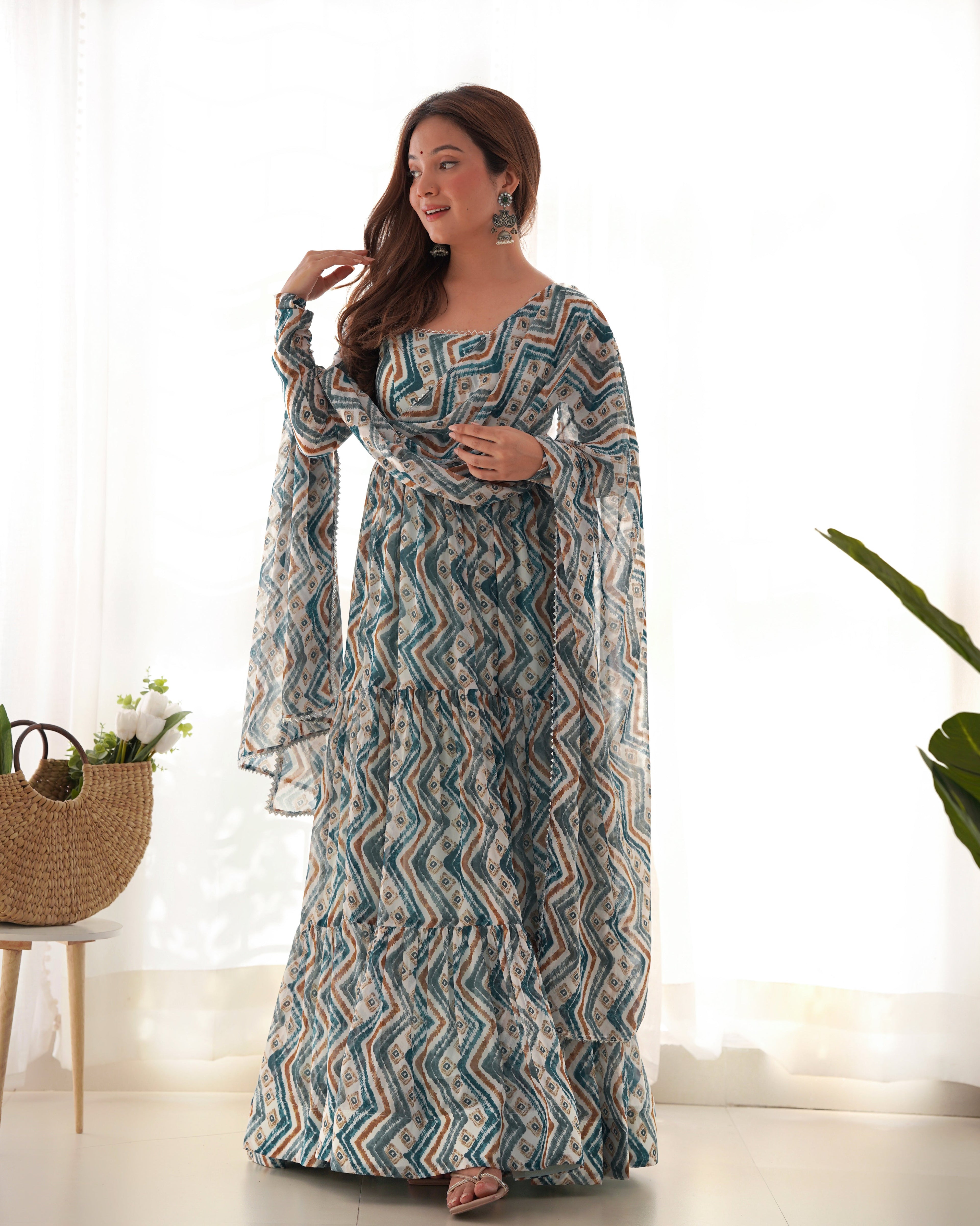 Lorenvalley Fashion Skyblue Pure Faux Georgette Zigzag Print Fully Flair Anarkali Pant With Dupatta - Skyblue