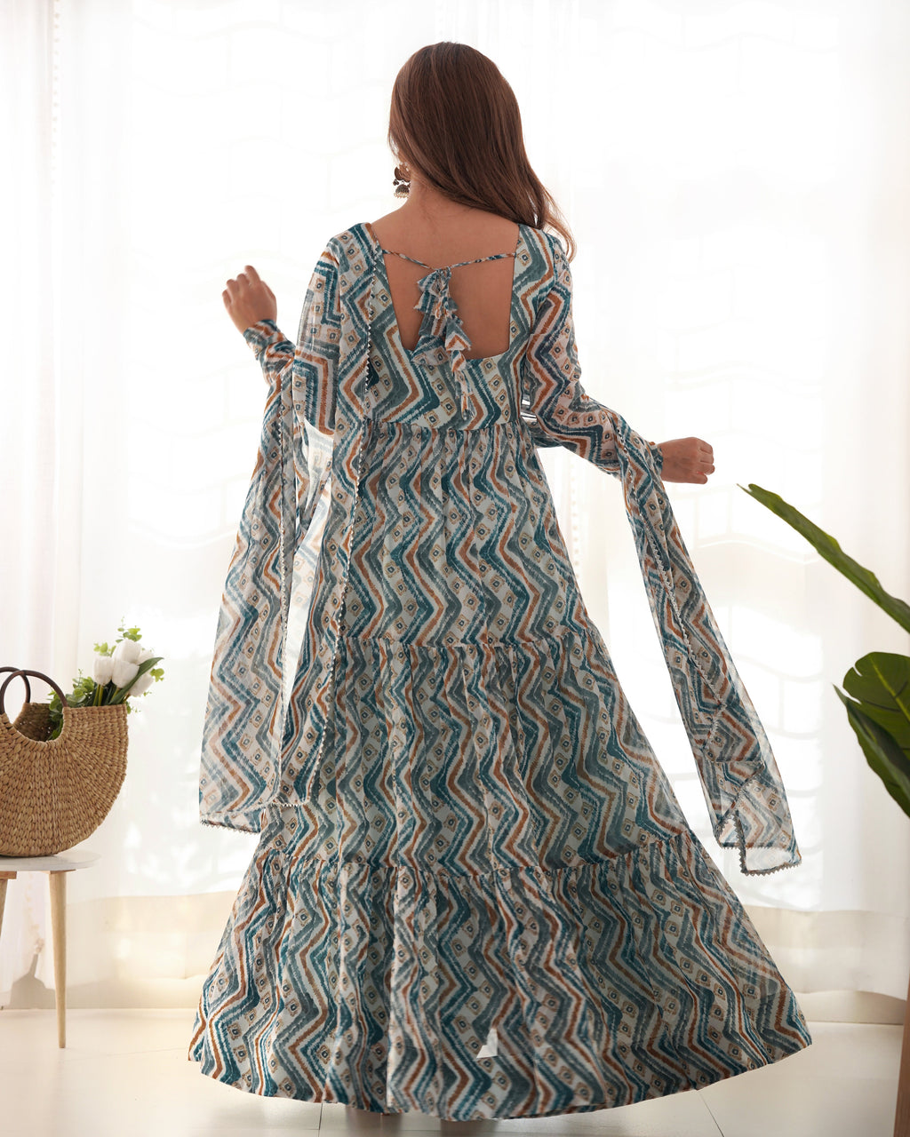 Lorenvalley Fashion Skyblue Pure Faux Georgette Zigzag Print Fully Flair Anarkali Pant With Dupatta - Skyblue