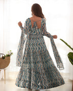 Lorenvalley Fashion Skyblue Pure Faux Georgette Zigzag Print Fully Flair Anarkali Pant With Dupatta - Skyblue