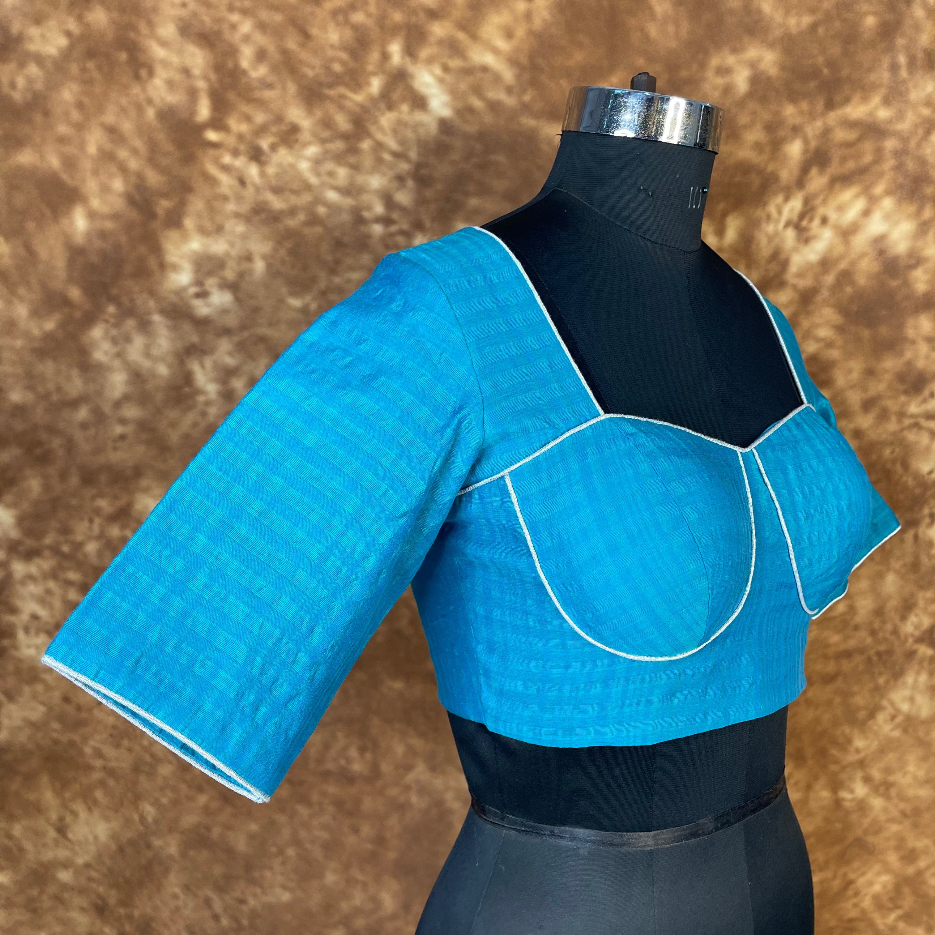 Streaks of Blue Light Blue Coloured Chanderi Silk Ready to Wear Blouse - kapda Tailor