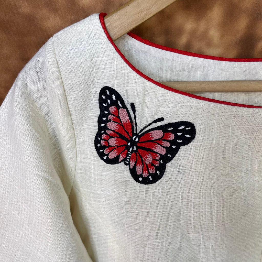 Butterfly Nector Off White Coloured Slub Cotton Ready to Wear Blouse - kapda Tailor