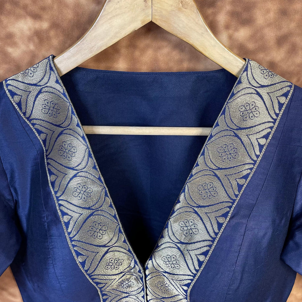 Deep Dive Lush Blue Coloured Silk / Broket Ready to Wear Blouse - kapda Tailor