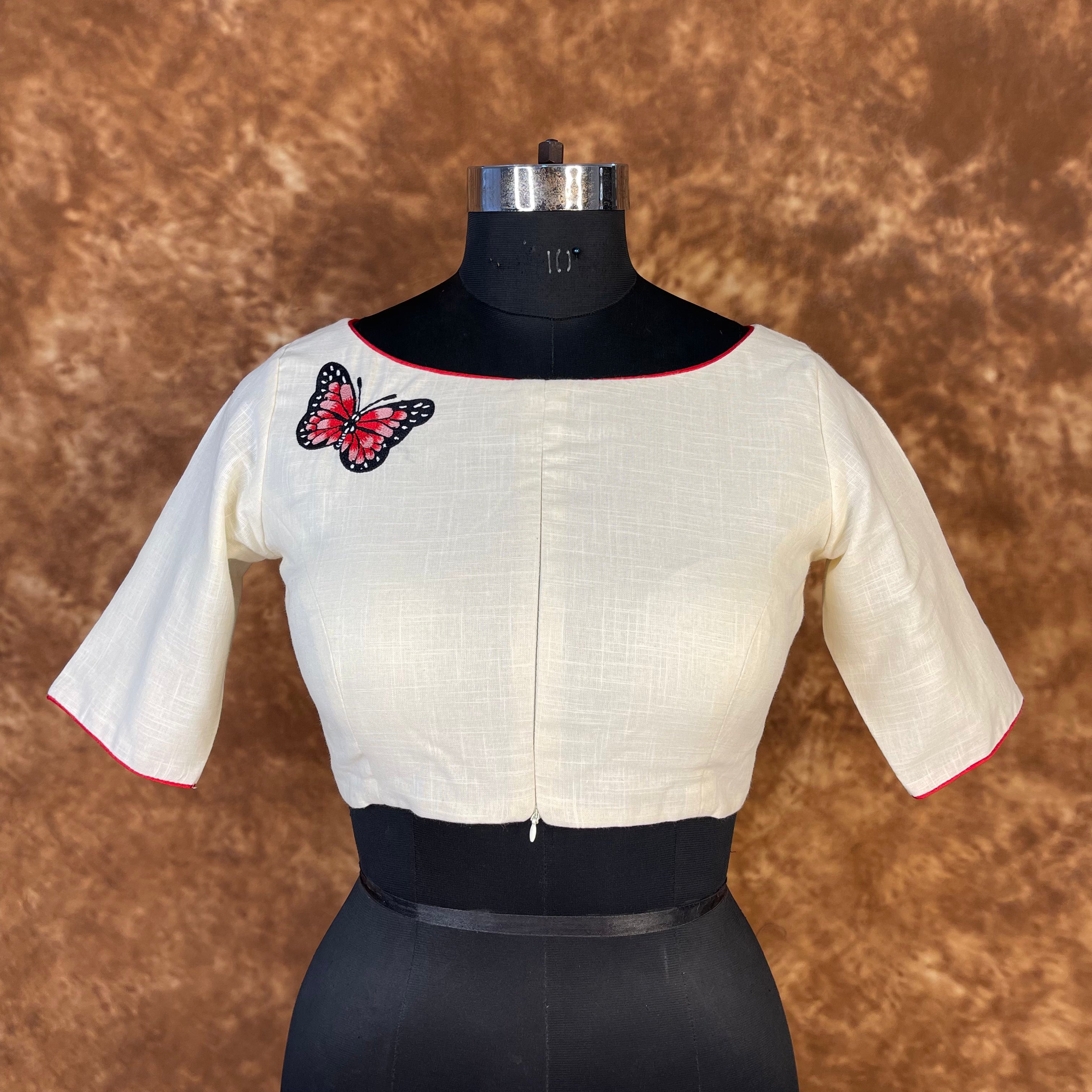 Butterfly Nector Off White Coloured Slub Cotton Ready to Wear Blouse - kapda Tailor