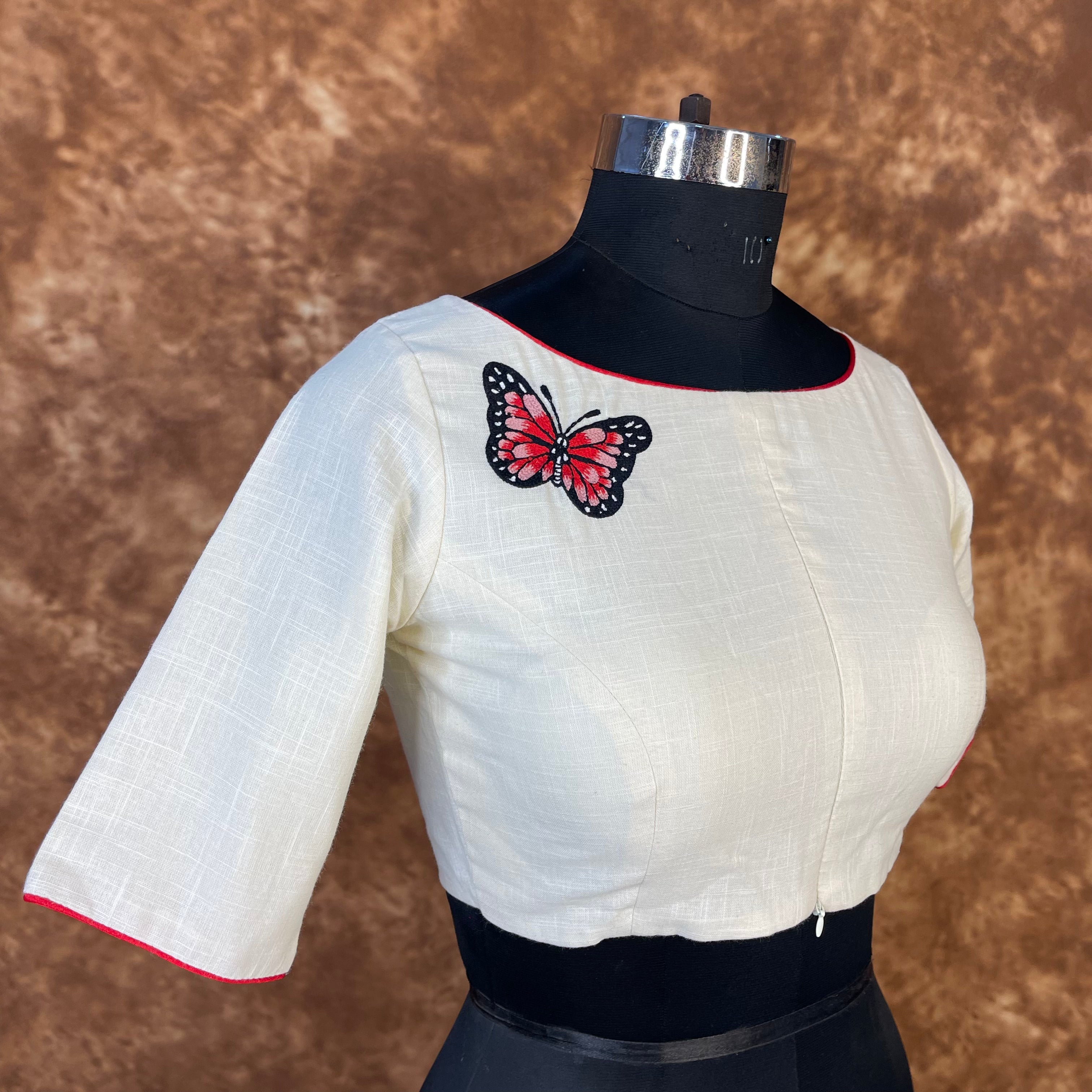 Butterfly Nector Off White Coloured Slub Cotton Ready to Wear Blouse - kapda Tailor