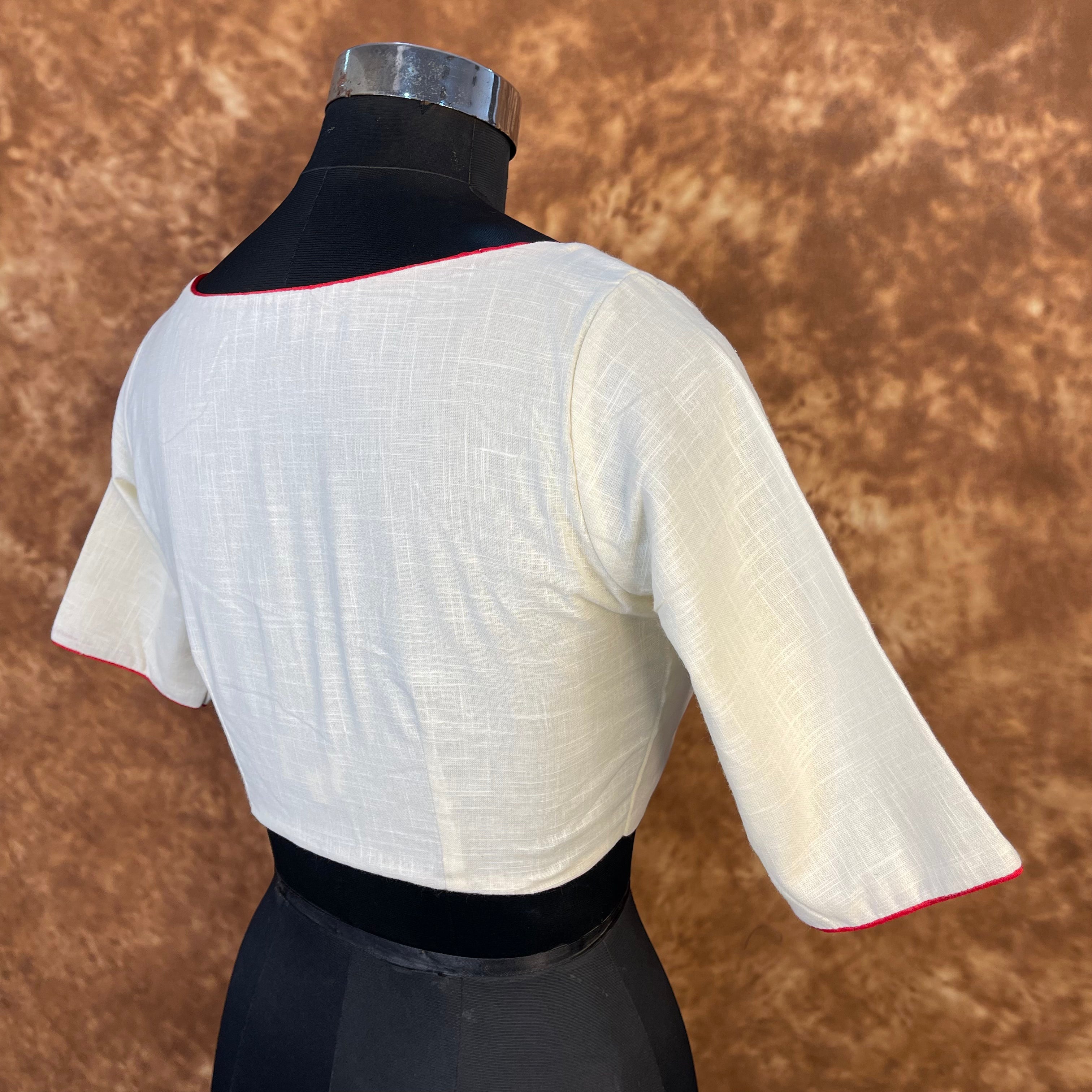 Butterfly Nector Off White Coloured Slub Cotton Ready to Wear Blouse - kapda Tailor