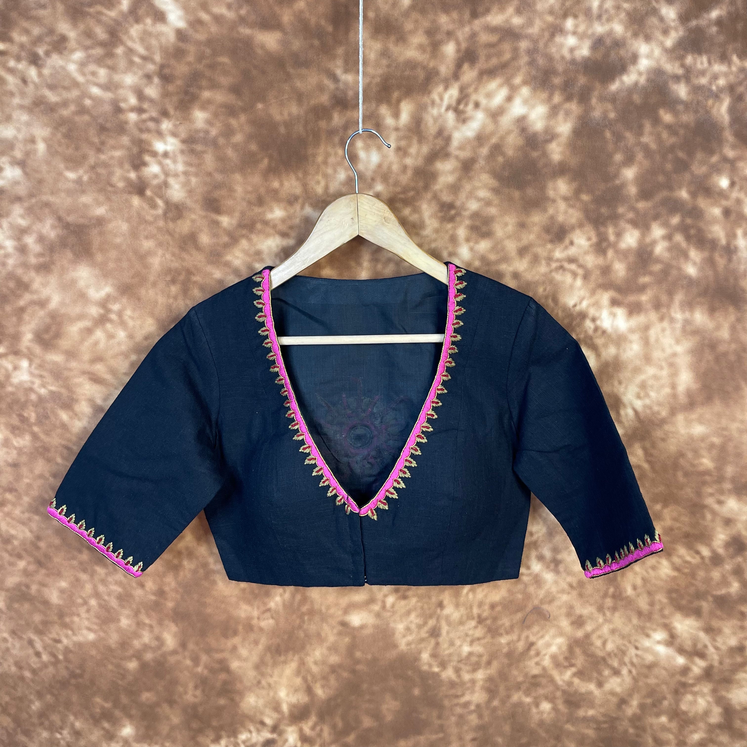 Vivaciously Vibrant Black Coloured Slub Cotton Ready to Wear Blouse - kapda Tailor