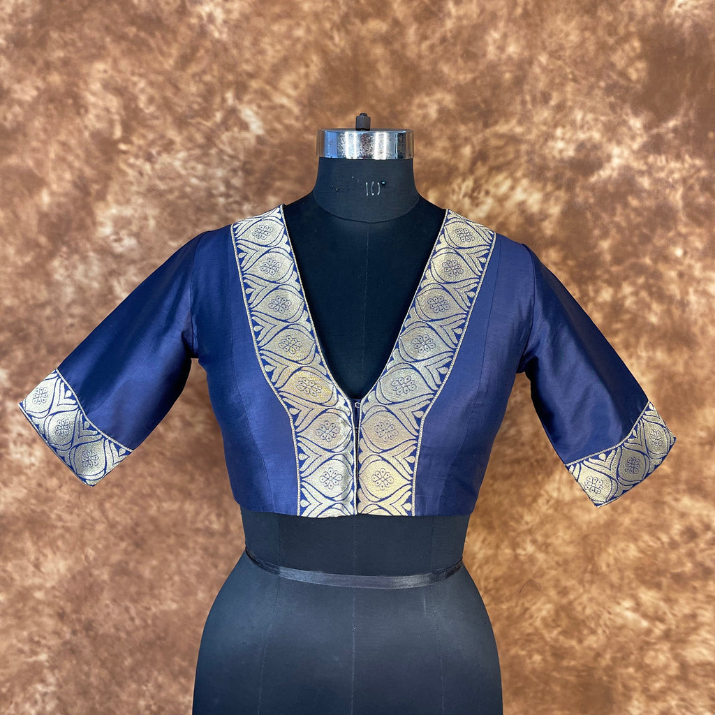 Deep Dive Lush Blue Coloured Silk / Broket Ready to Wear Blouse - kapda Tailor