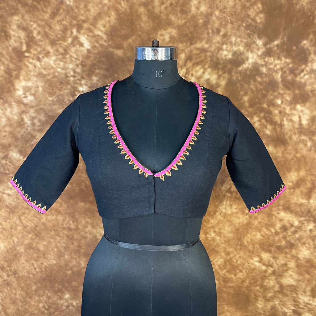Vivaciously Vibrant Black Coloured Slub Cotton Ready to Wear Blouse - kapda Tailor