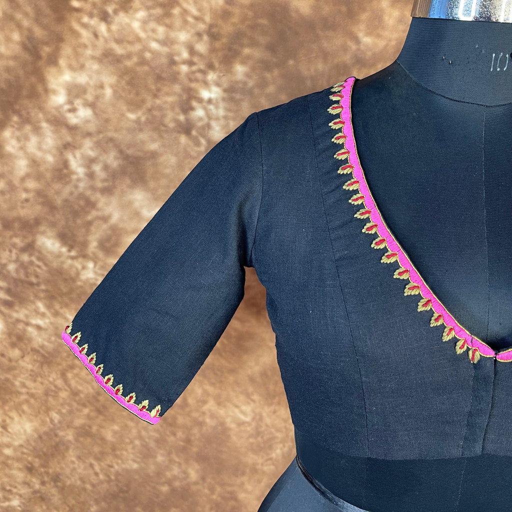 Vivaciously Vibrant Black Coloured Slub Cotton Ready to Wear Blouse - kapda Tailor