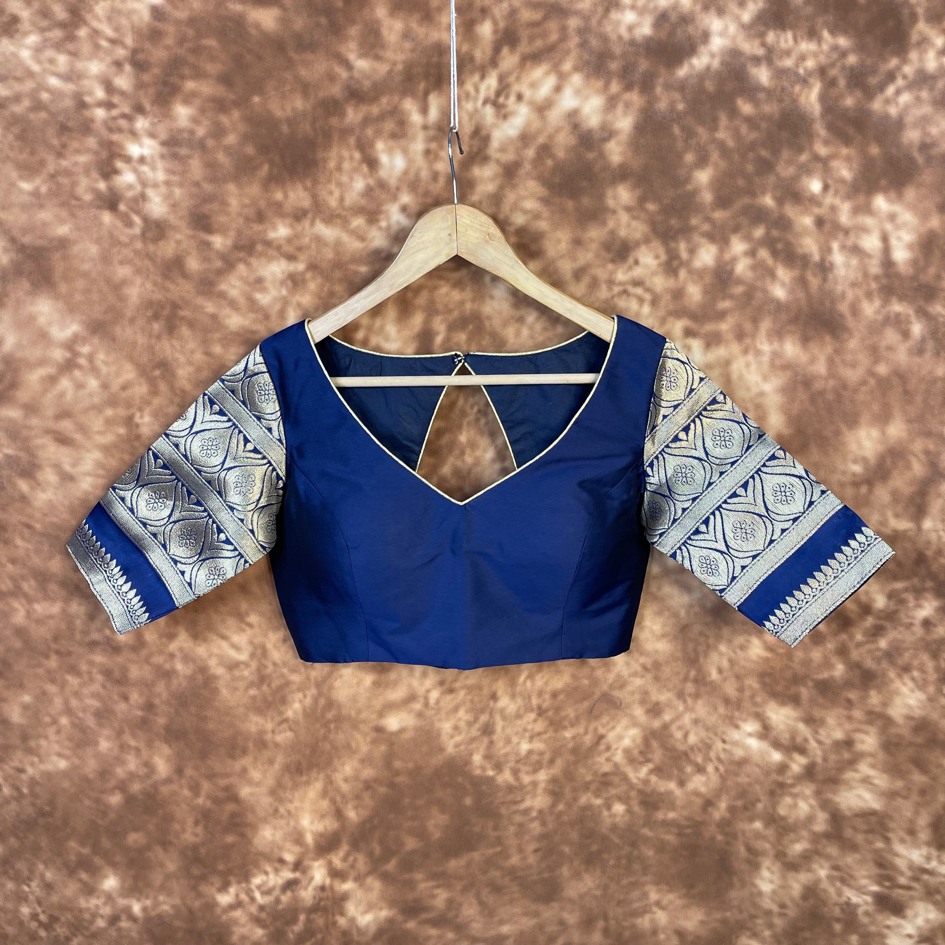 Trypan Blue Blue Coloured Silk / Broket Ready to Wear Blouse - kapda Tailor