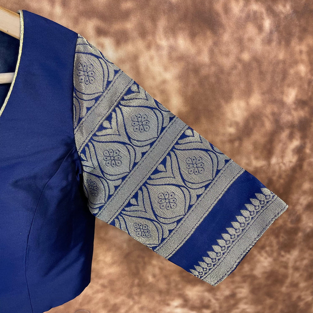 Trypan Blue Blue Coloured Silk / Broket Ready to Wear Blouse - kapda Tailor