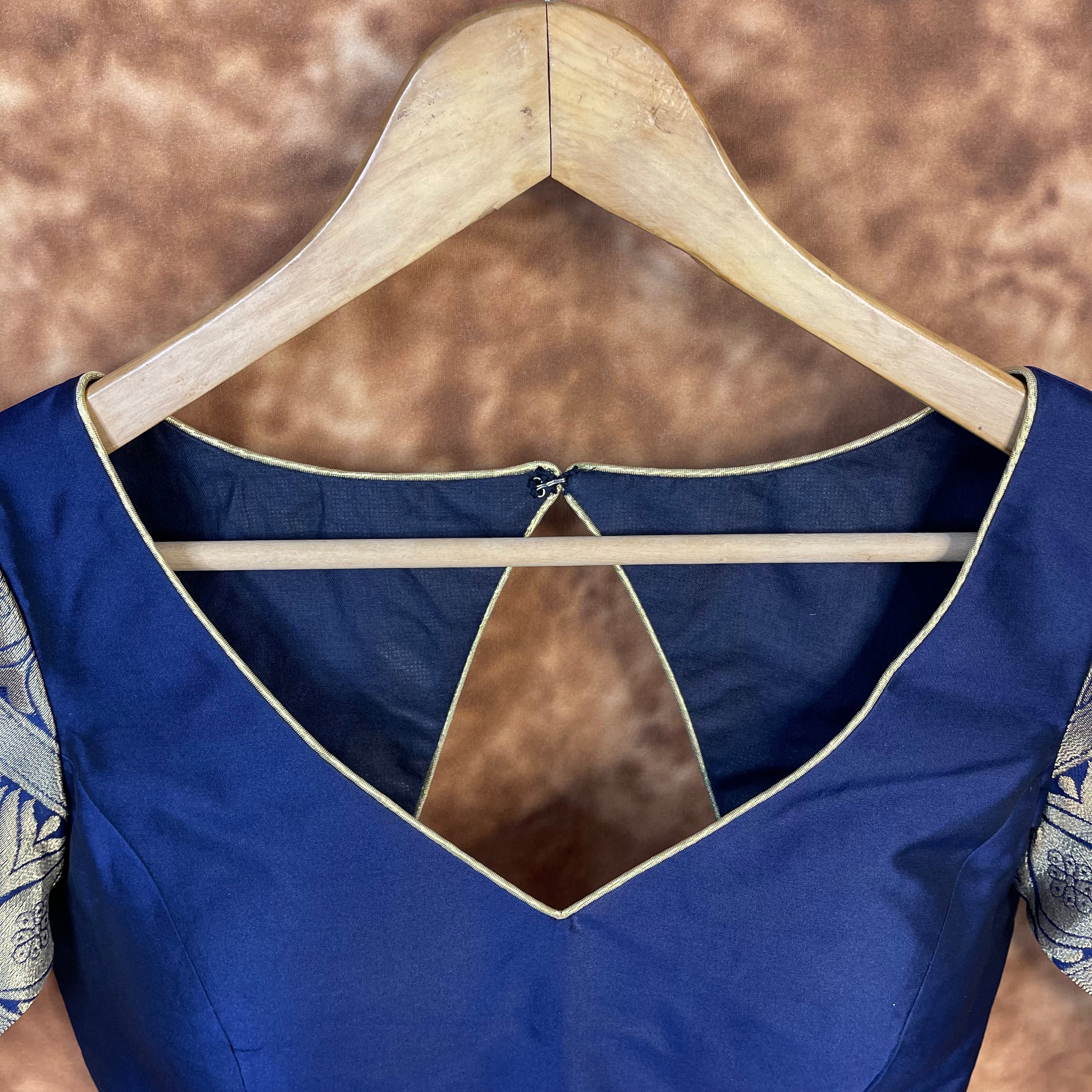 Trypan Blue Blue Coloured Silk / Broket Ready to Wear Blouse - kapda Tailor